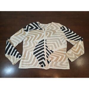 Share Talbots Womens Large Sweater Black Tan Chevron Abstract Zip Up Knit